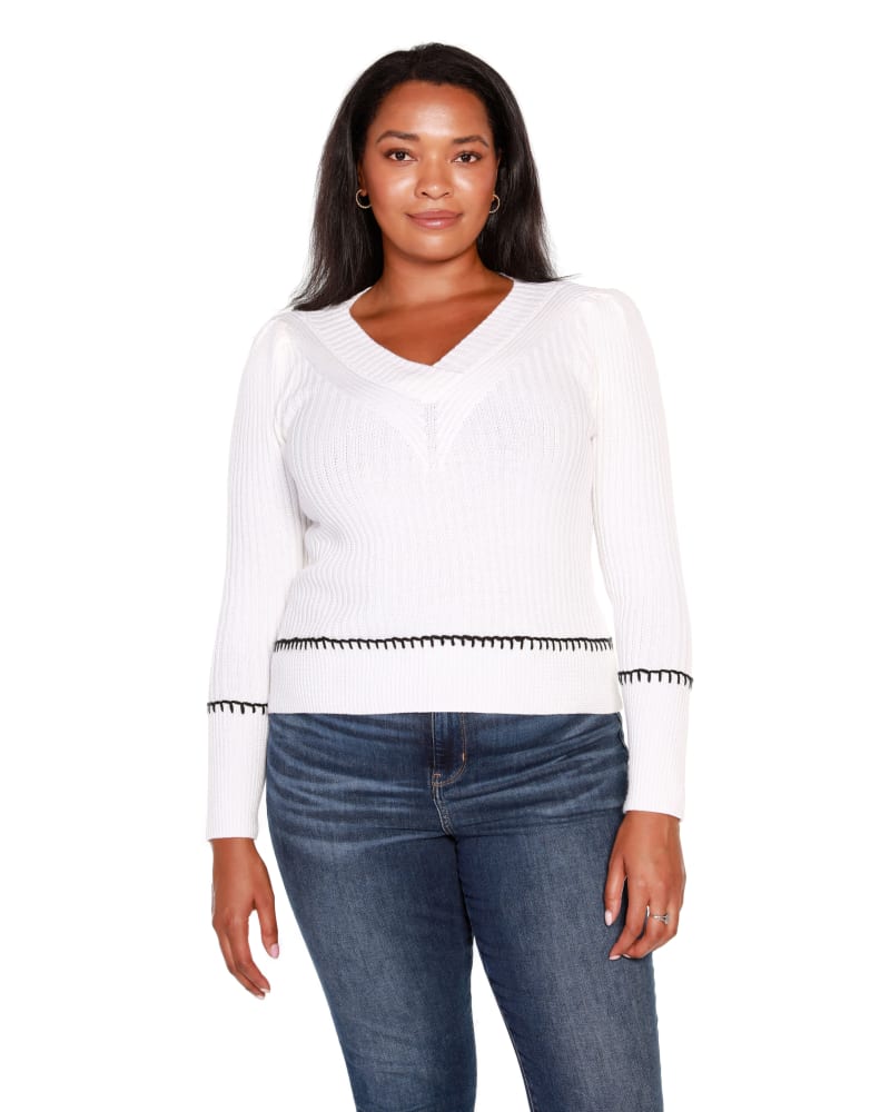 Front of a model wearing a size 3X Plus Size Puff sleeve V-Neck Sweater in Winter White by Belldini. | dia_product_style_image_id:319423